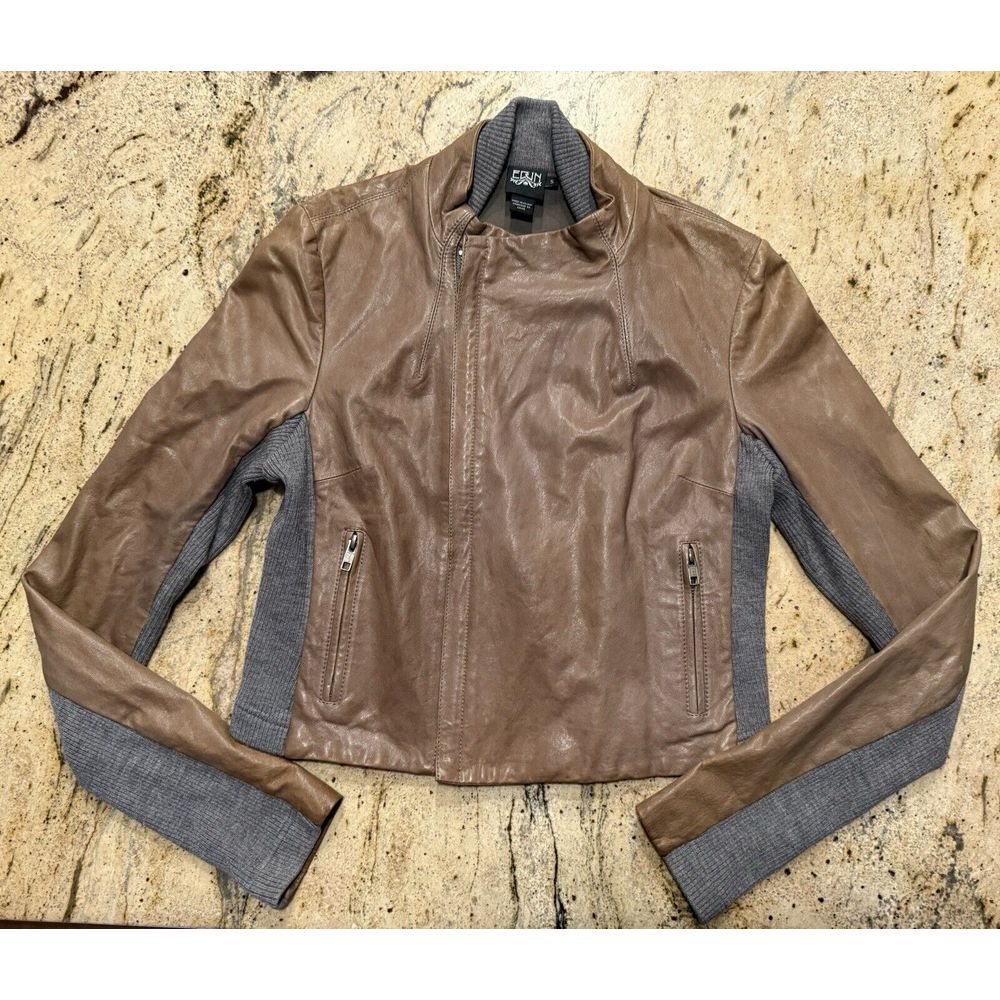 Edun Womens Brown leather Moto Zip Jacket Soft Size Small Wool Sleeves Pockets